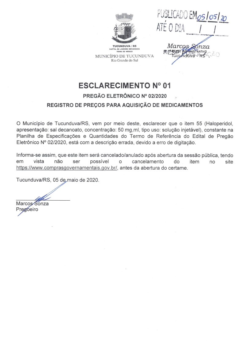 ESCLARECIMENTO Nº 01 AO PE Nº 02/2020 SRP MEDICAMENTOS